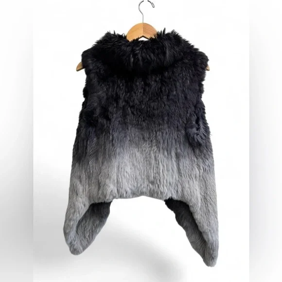 Yves Salomon Genuine Rabbit Fur Vest Asymmetrical Black Grey Ombre Size Small 36 - Picture 2 of 5